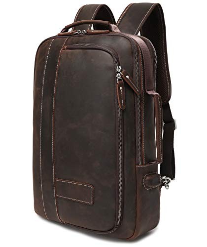 Men’s Full Grain Leather Expandable 15.6 Laptop Backpack Tote Shoulder Brown