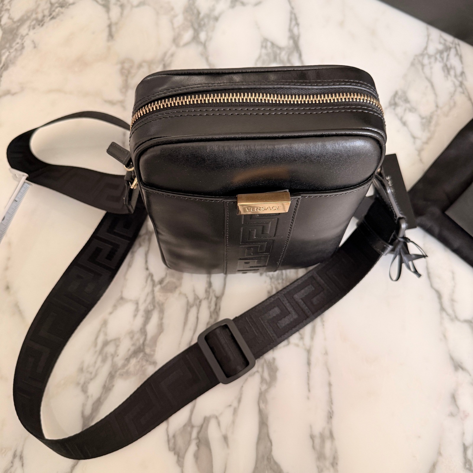 Versace 1020736 Black Leather Greca Crossbody Messenger Bag Gold Logo