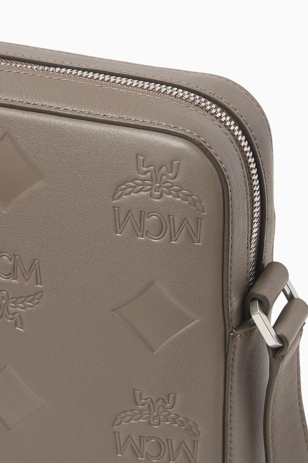 MCM Mini Klassik Taupe Grey Leather Monogram Crossbody Bag $830 Authentic