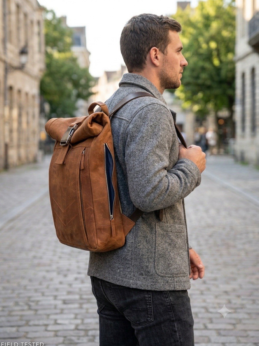 Men’s Brown Roll-Top Backpack Buckle & Zip Closure with Outer Pockets