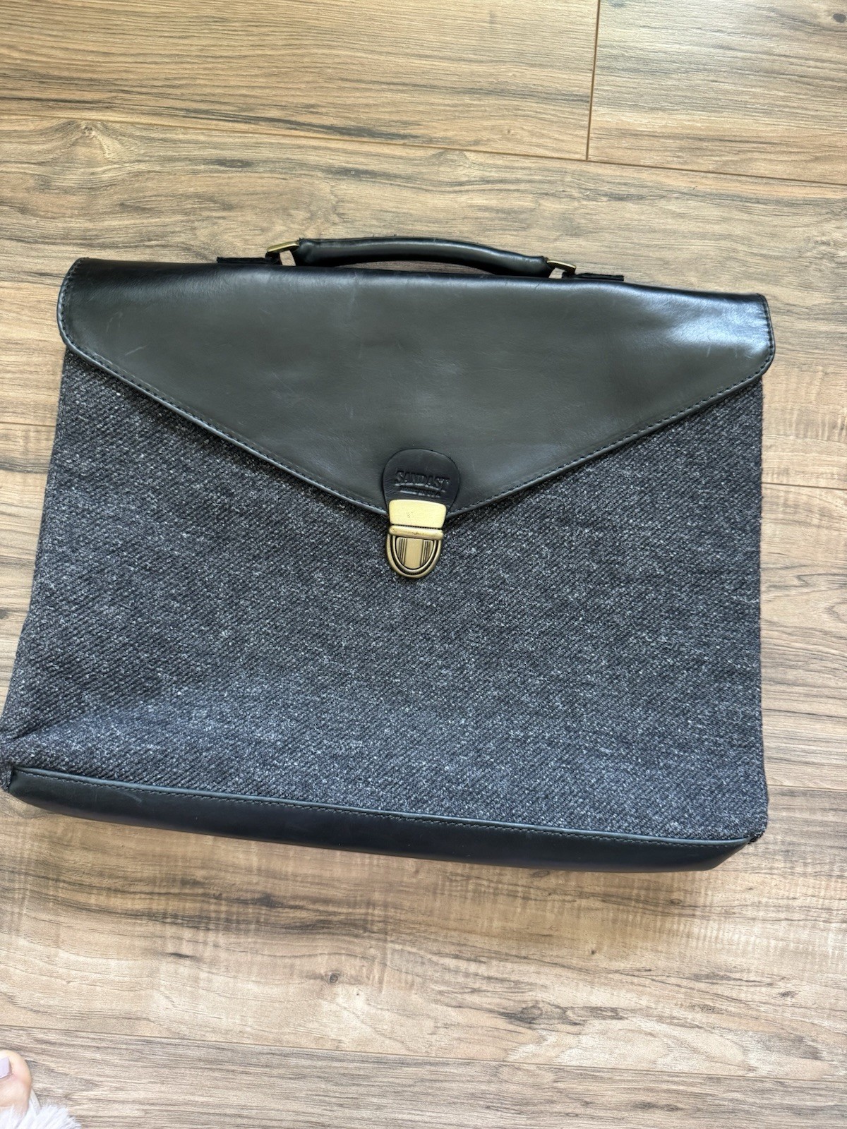 Sandast Black Gray Herringbone Briefcase Large Push Lock Men Inner Pockest