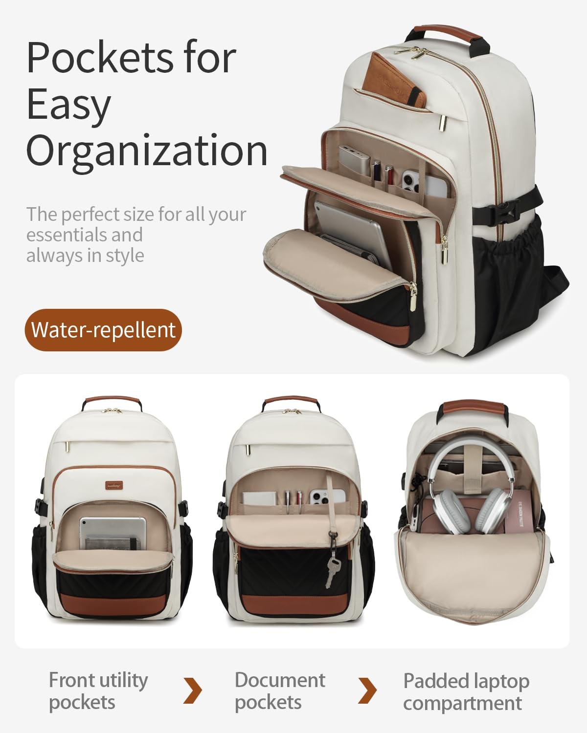 Backpack For Women Laptop Bag Travel Work Computer Carry On White Black Brown