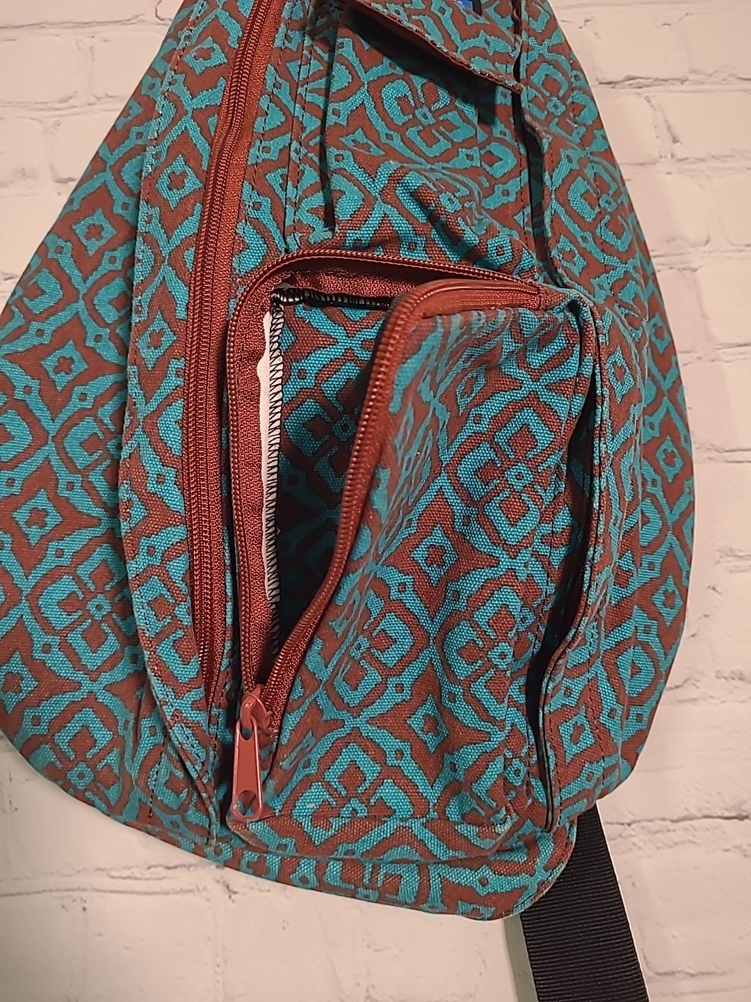 KAVU Rope Sling Bag Crossbody Desert Mosaic Backpack Teal Blue Brown Retired EUC