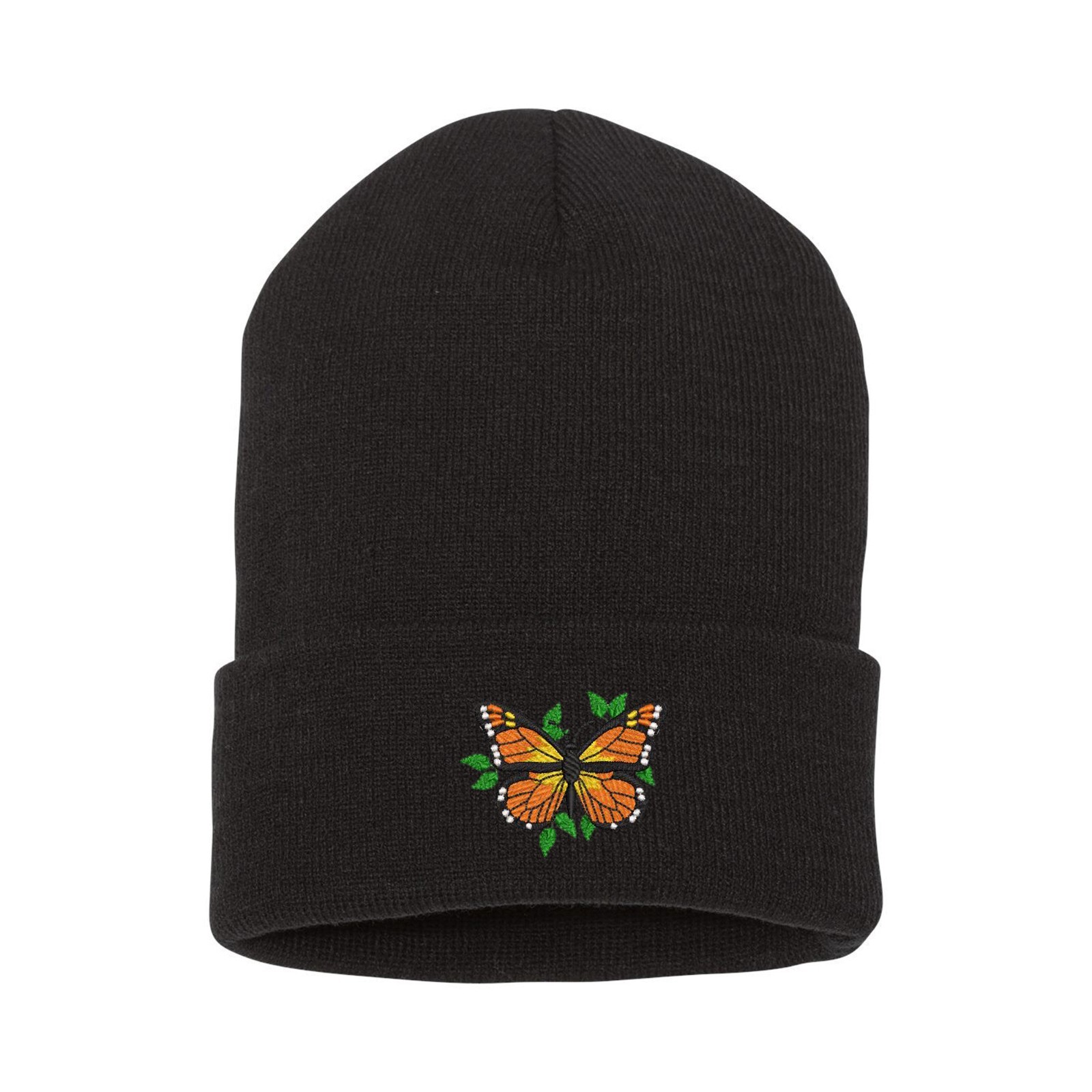 Wildlife Monarch butterfly embroidered beanie hat, custom embroidered beanie hat