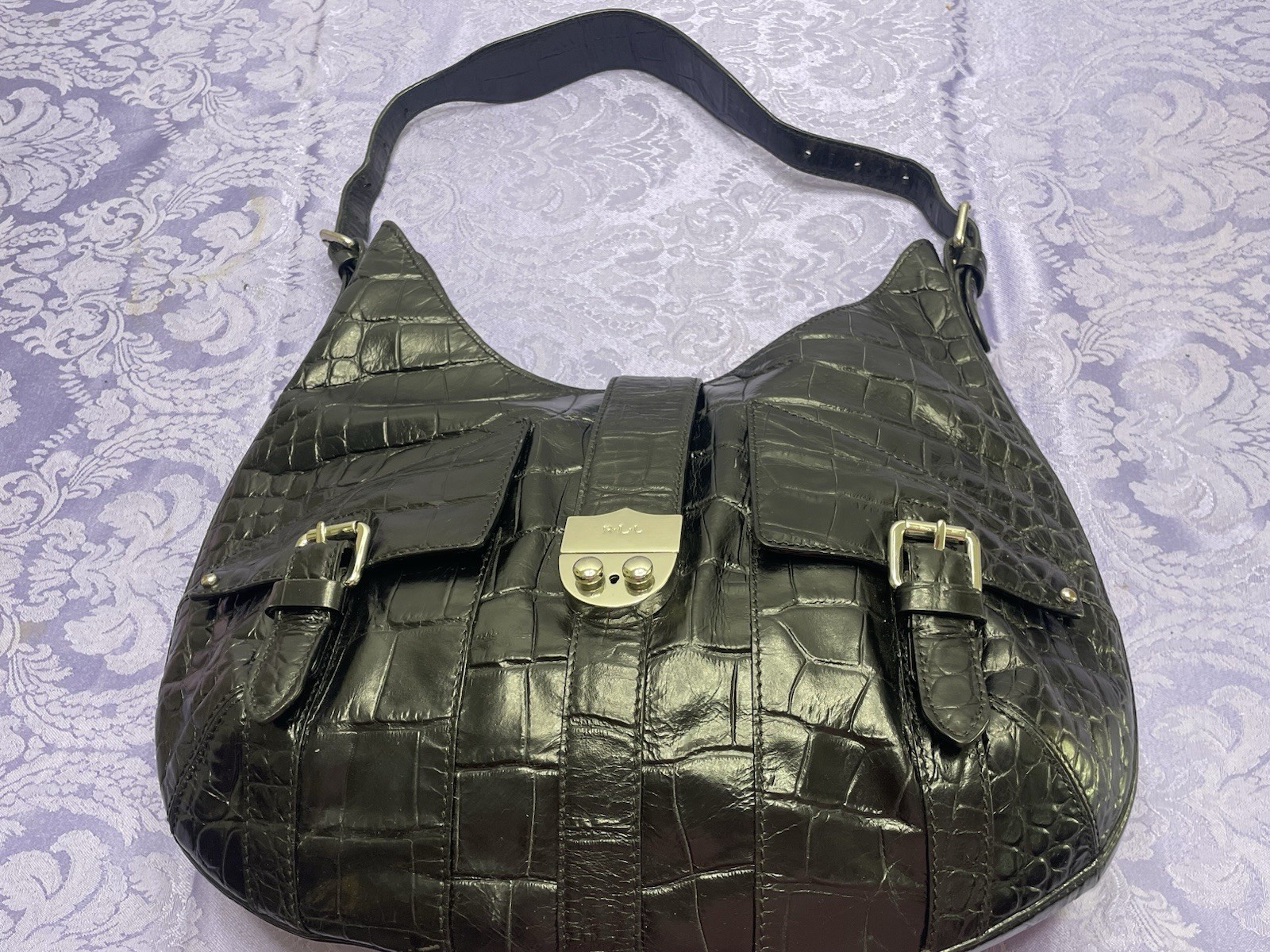 Lauren Ralph Lauren Black Croc Embossed Leather Hobo Shoulder Bag Y2K Push Lock