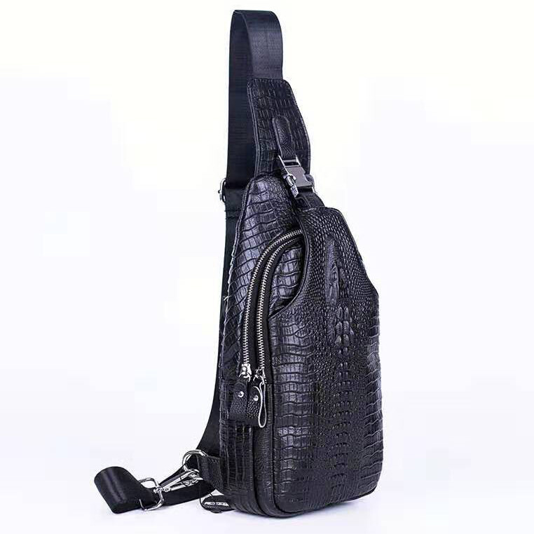 Genuine Leather Sling Backpack, Crocodile Pattern Men‘s Crossbody Shoulder Bag