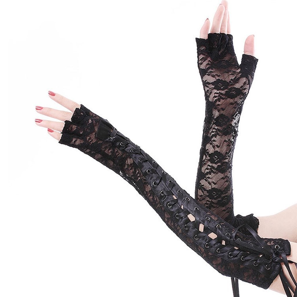 Womens Sexy Elbow Length Punk Fingerless Lace Up Arm Warmer Lace Gloves, Blac…