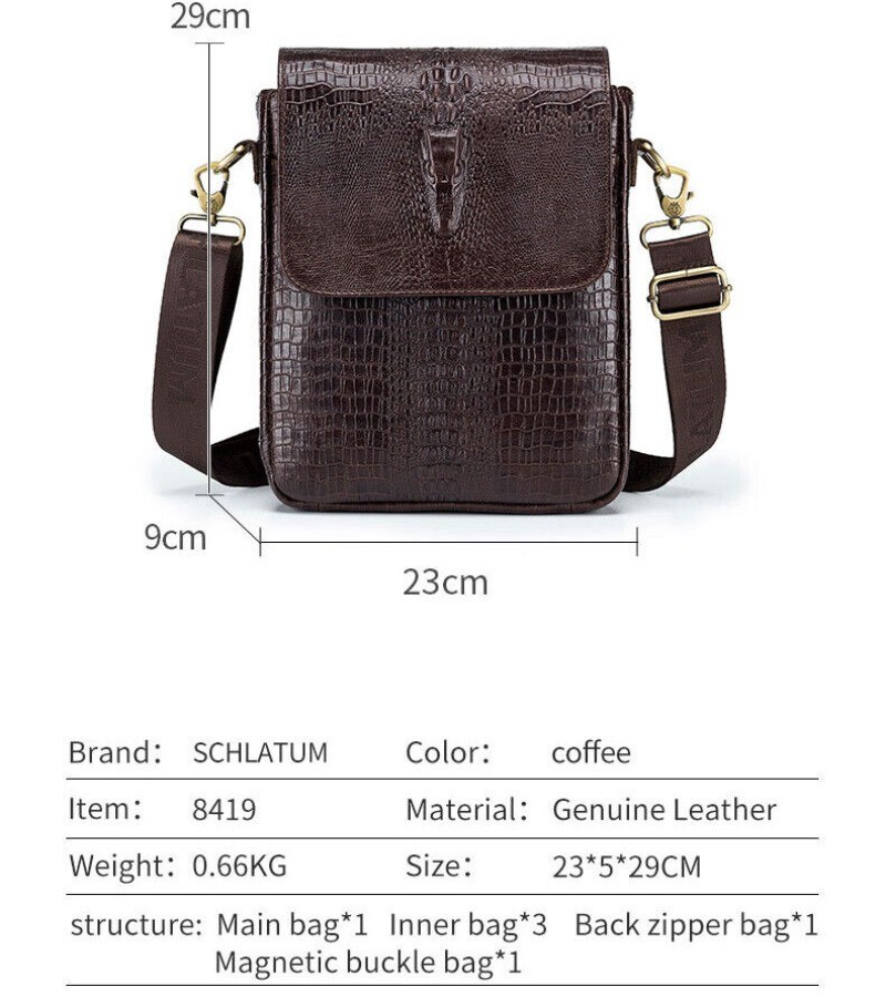 Top Cowhide Leather Men’s Crocodile Pattern Crossbody Shoulder Bag Messenger Bag