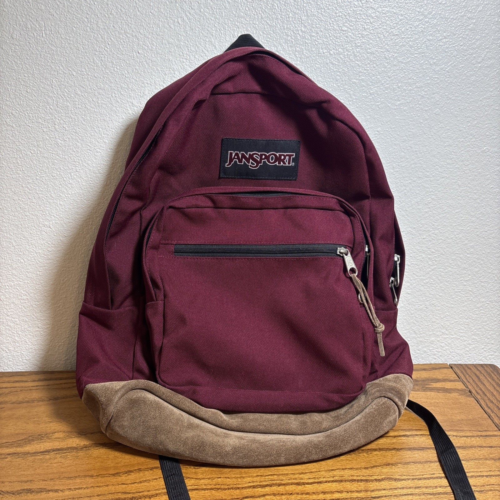 JanSport Maroon Backpack Suede Leather Bottom, Zip Closure, Pockets