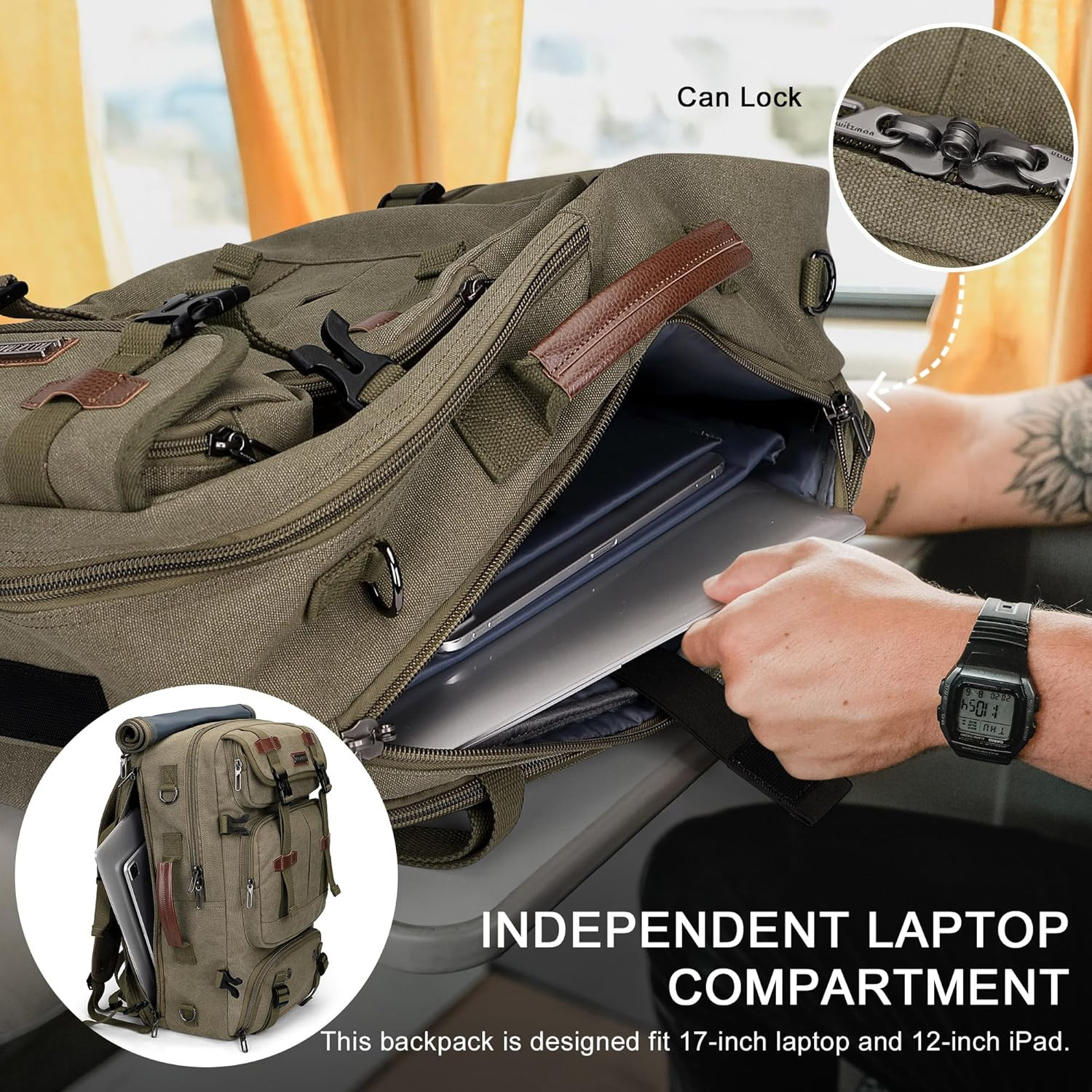 40L Convertible Travel Backpack for Men – Army Green Laptop Bag