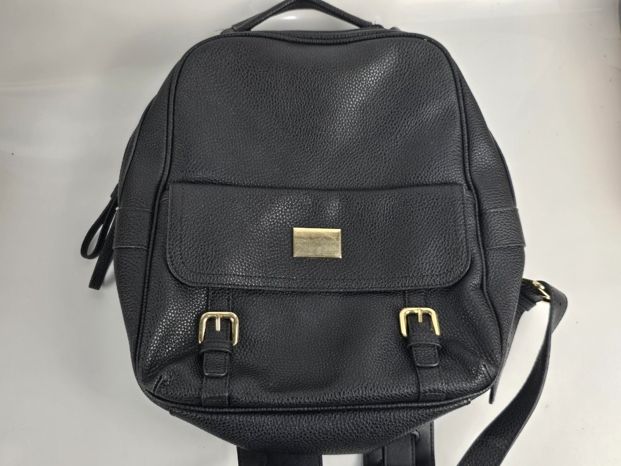 Renwick Backpack Genuine Pebbled Leather Black Gold Buckles Flap Pocket