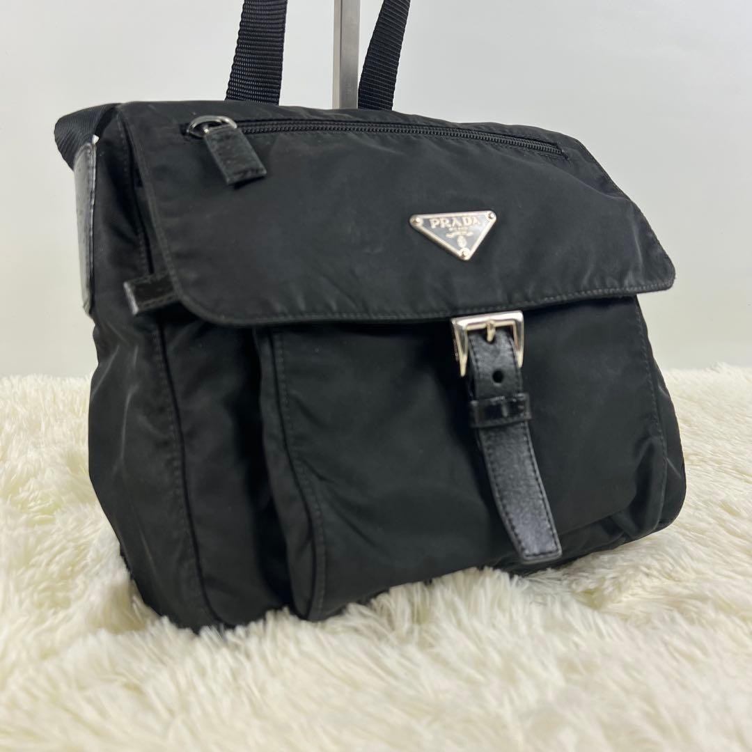 PRADA Shoulder Bag Black Nylon Triangle Logo Unisex Adjustable 23x25x10cm Auth