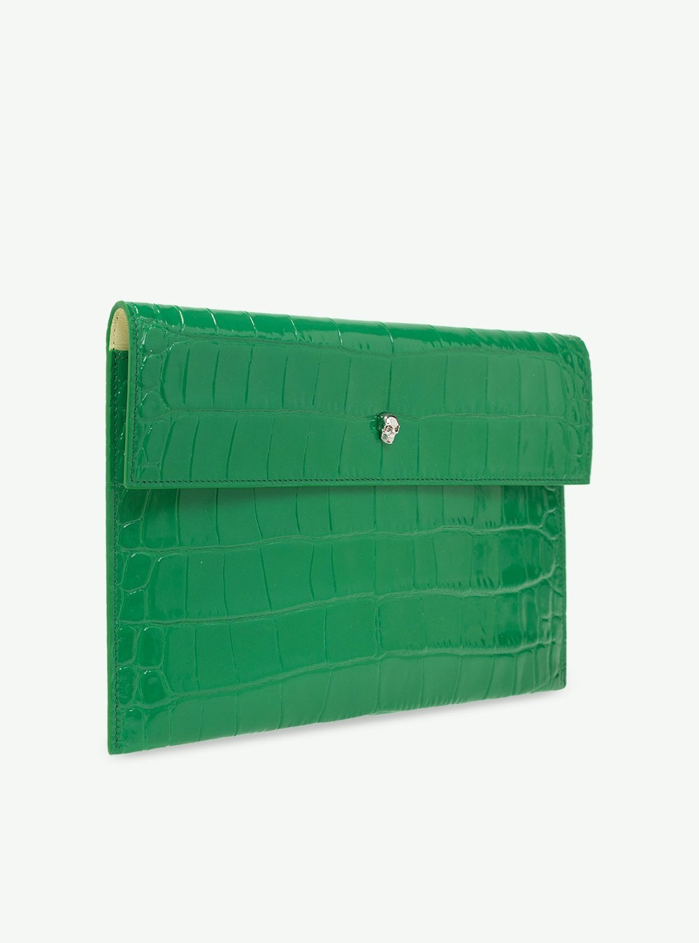 (NO CUSTOMS TAX) ALEXANDER MCQUEEN green croc effect leather envelope clutch bag