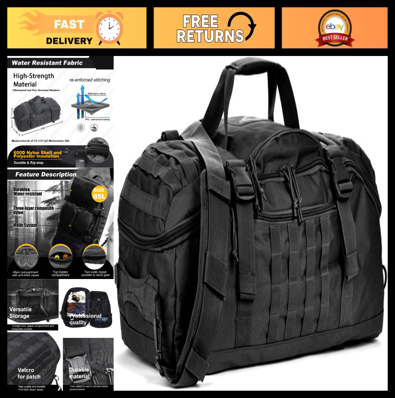 3-in-1 Military Backpack Duffle Bag for Travel, Gym, Weekender, Deployment