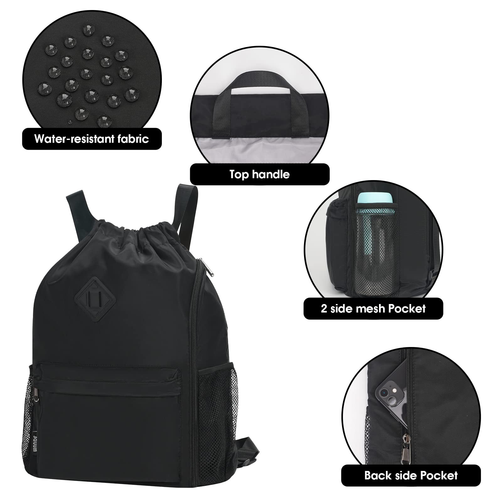 Large Black Drawstring Backpack Sports Gym Bag Shoes Compartment WaterProof