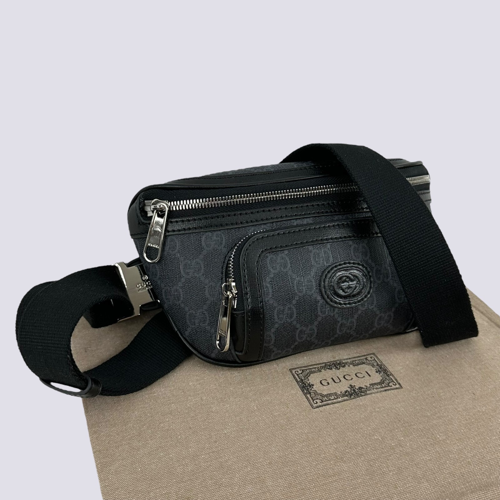 Gucci GG Monogram Logo Interlocking G Canvas Crossbody Belt Bag Black 682933