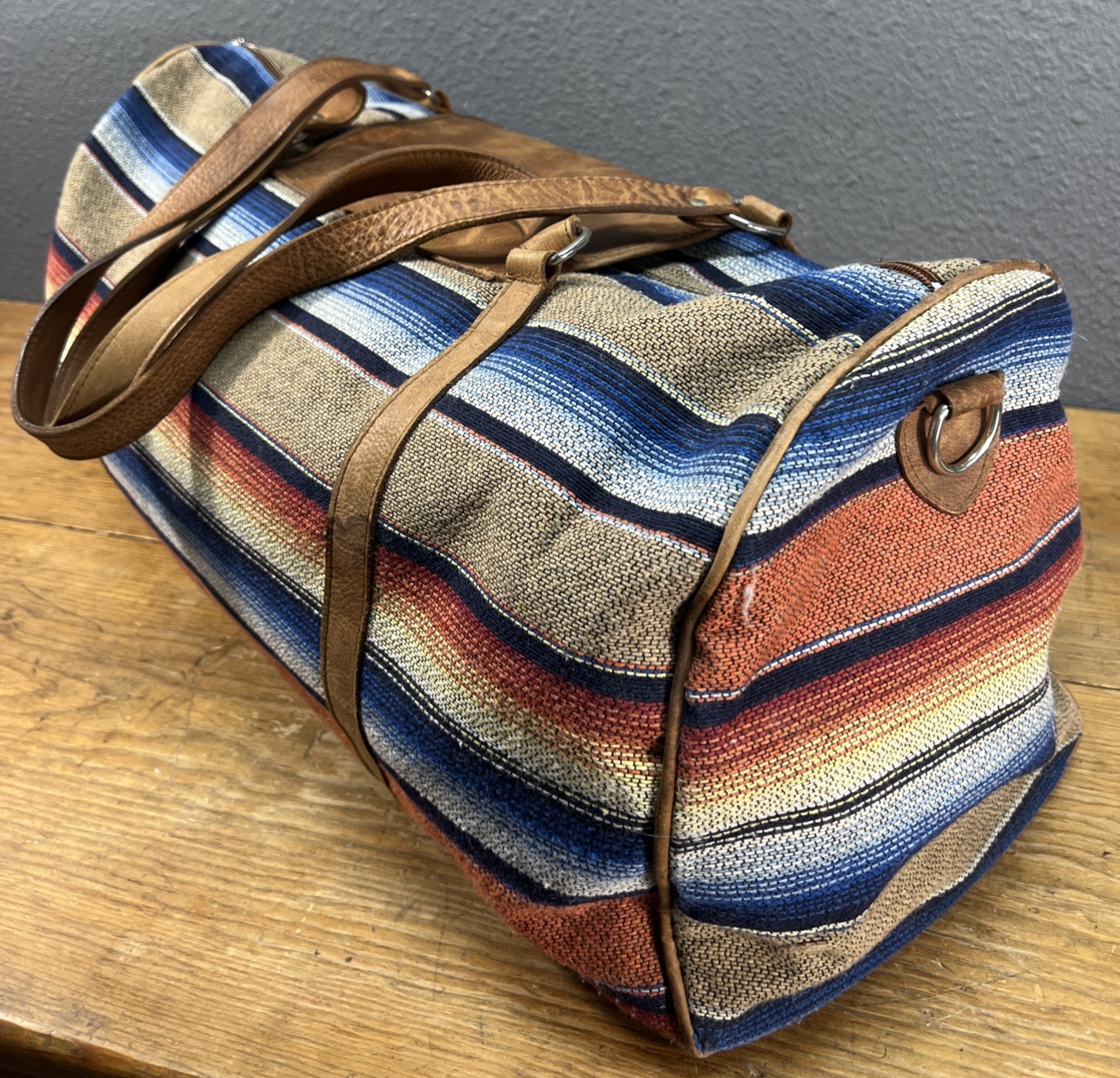 Vintage Navasota Duffle Overnight Bag Striped Teill Leather Southwest Western