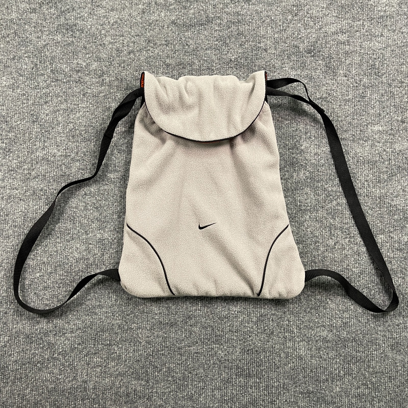 Vintage Y2K NIKE Center-Swoosh Fleece Gym Drawstring Bag Lined Gray Orange RARE