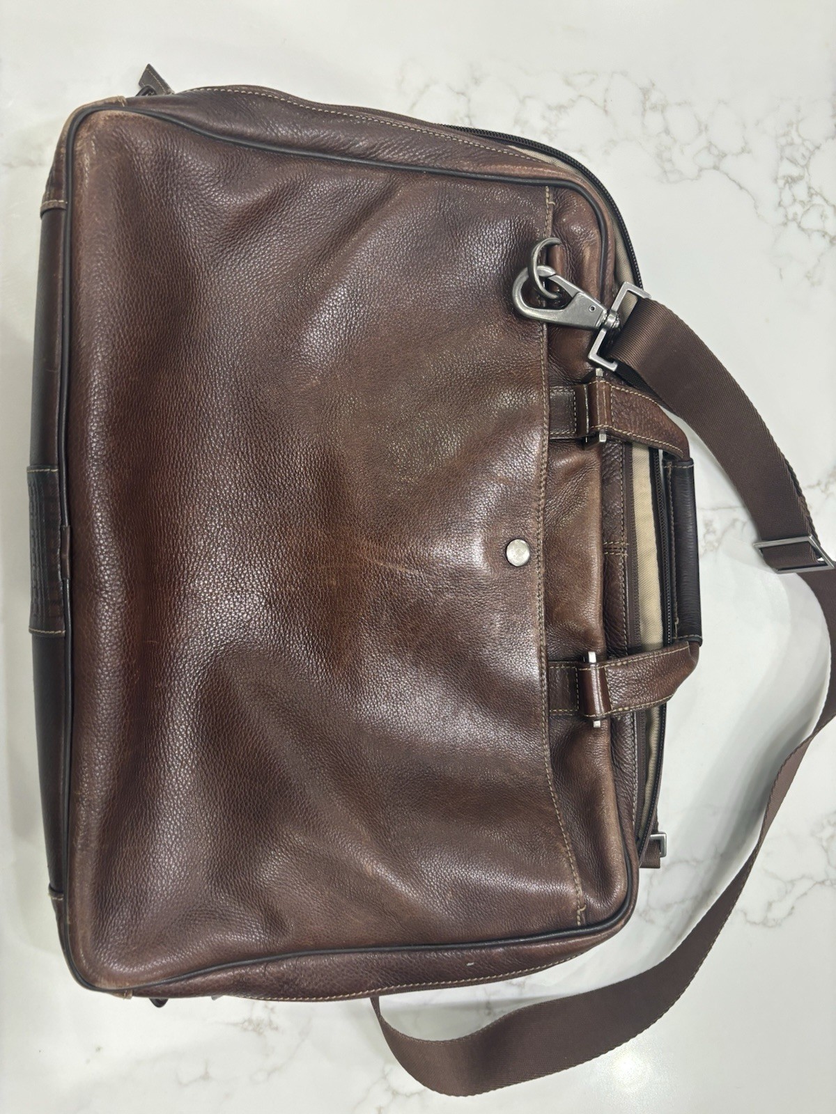 Boconi Leather Briefcase for Men Zip Closure Inner Pockets Classic Solid