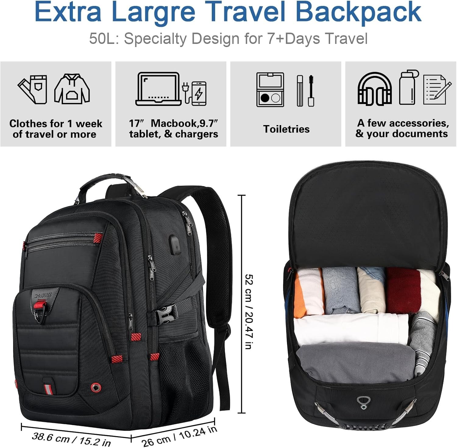 Ergonomic USB Charging Travel Backpack: Fits Most 18.4” Laptops, 60L Capacity