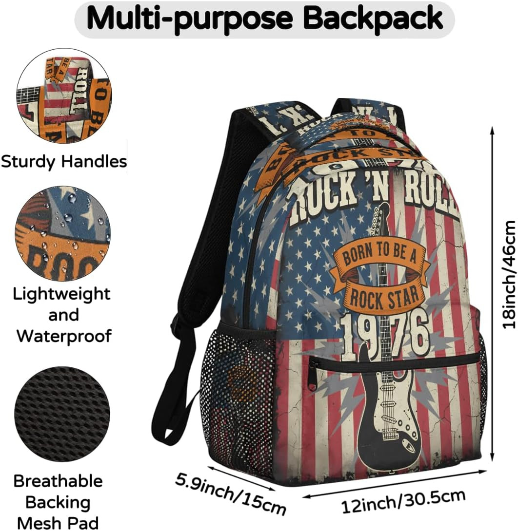 Backpack Rock Roll Music Guitar American Flag School Shoulder Bag Large Waterpro