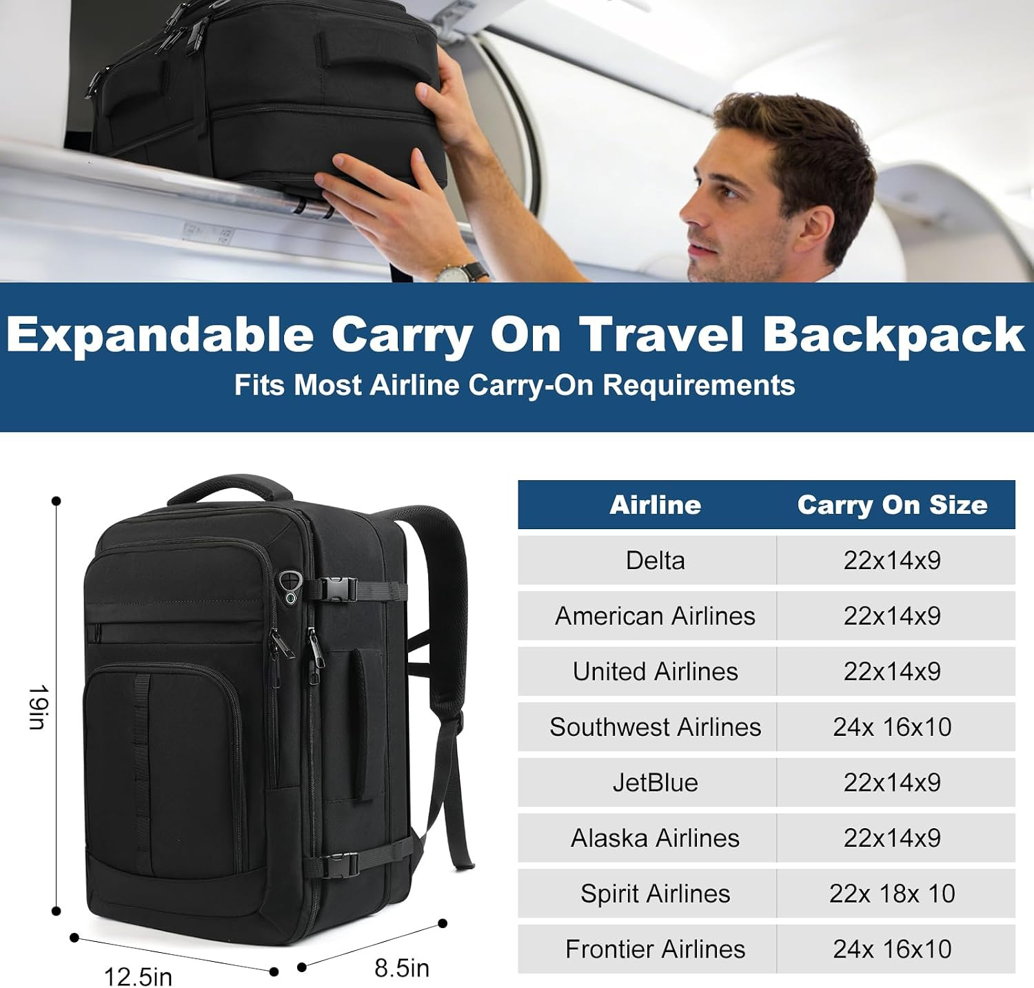 Travel Backpack,Carry on Backpack Expandable 40-50L with USB Cable Port,Fits 17.