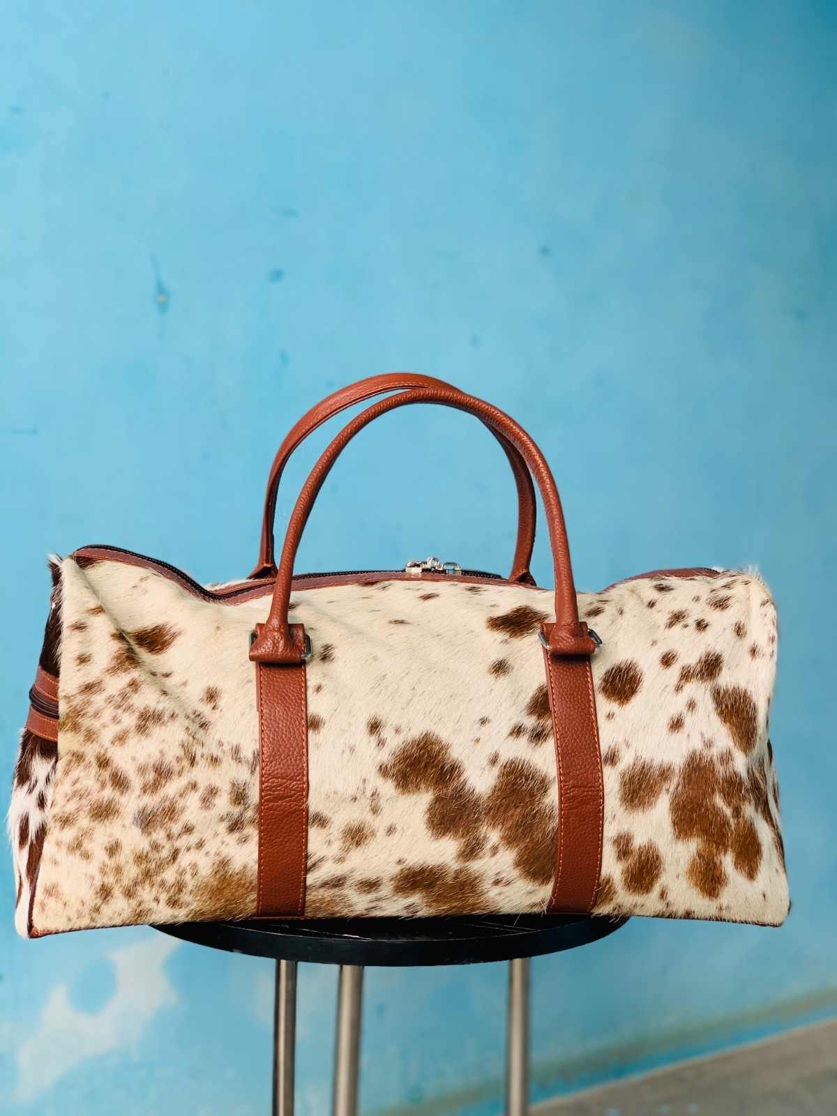 Cowhide Duffel Bag Leather Western Travel Camping Gym Bag Unisex Large Size