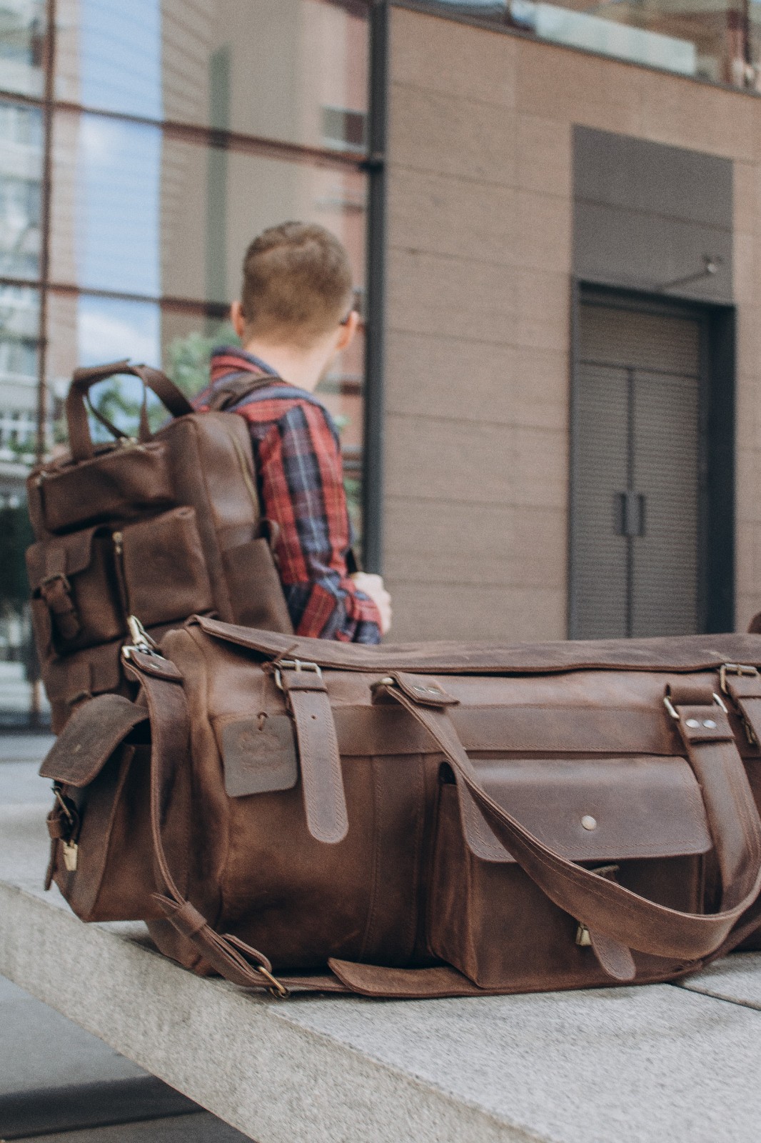 Brown leather duffle bag for men