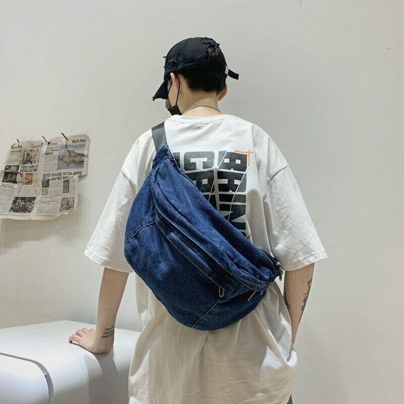 New Denim Large Capacity Crossbody Shoulder Bag Men Women Hip Hop Belt Bag