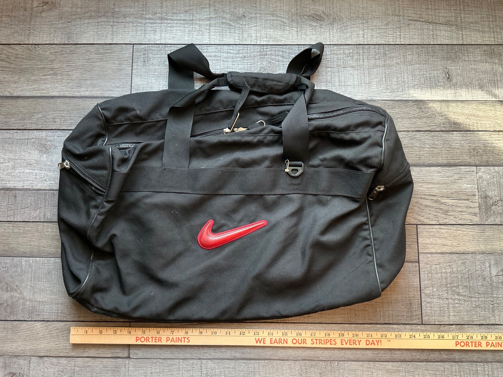 Vintage Nike Gym Duffle Bag Black Red Swoosh White Tag 90s Basketball Y2K
