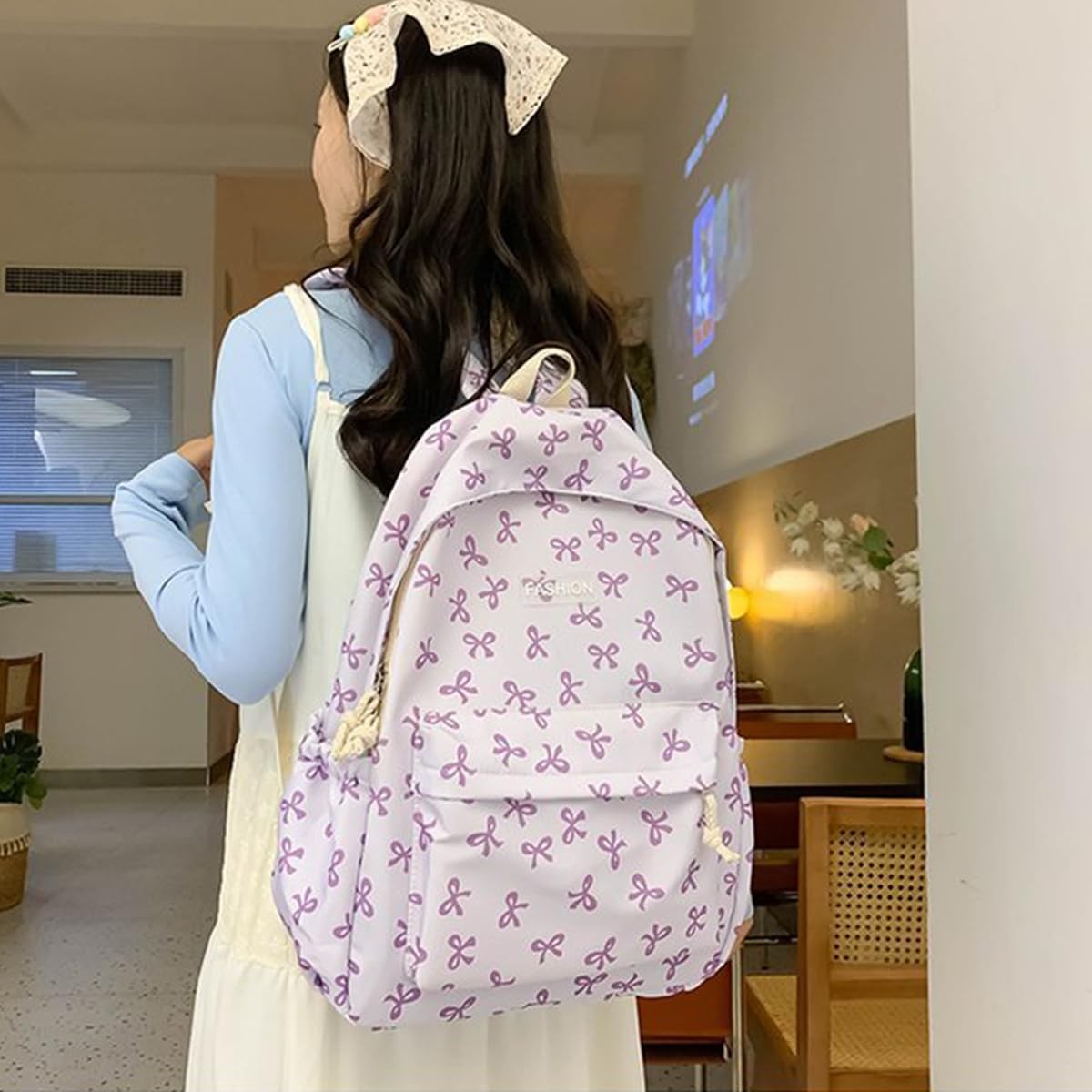 Classic Cute Bow Tie Printed Backpack 16.9 Inch Kawaii Casual Simple Lightwei…
