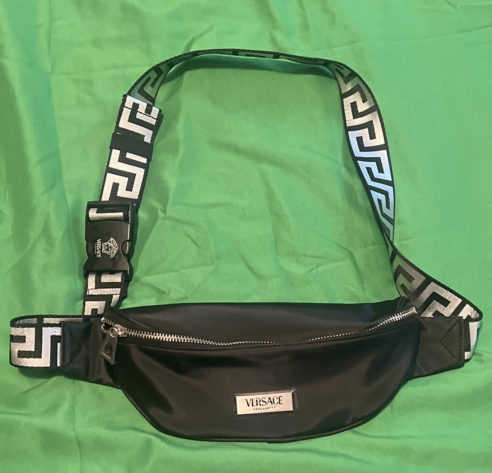 Versace Black Greek Key Medusa Belt Bag Fanny Pack Adjustable Strap Pockets