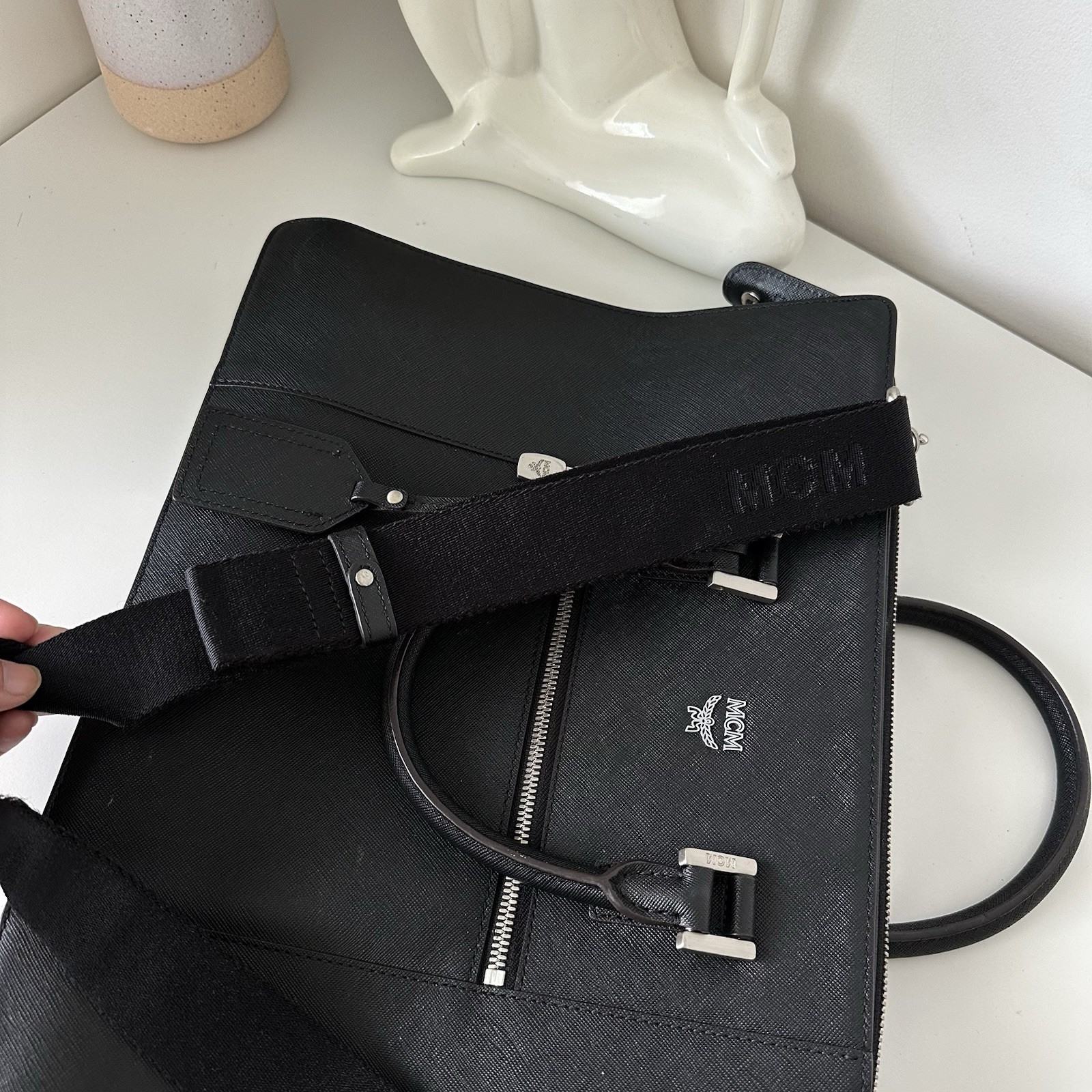 MCM Klassik Briefcase Black Saffiano Leather Silver Hardware Laptop Document