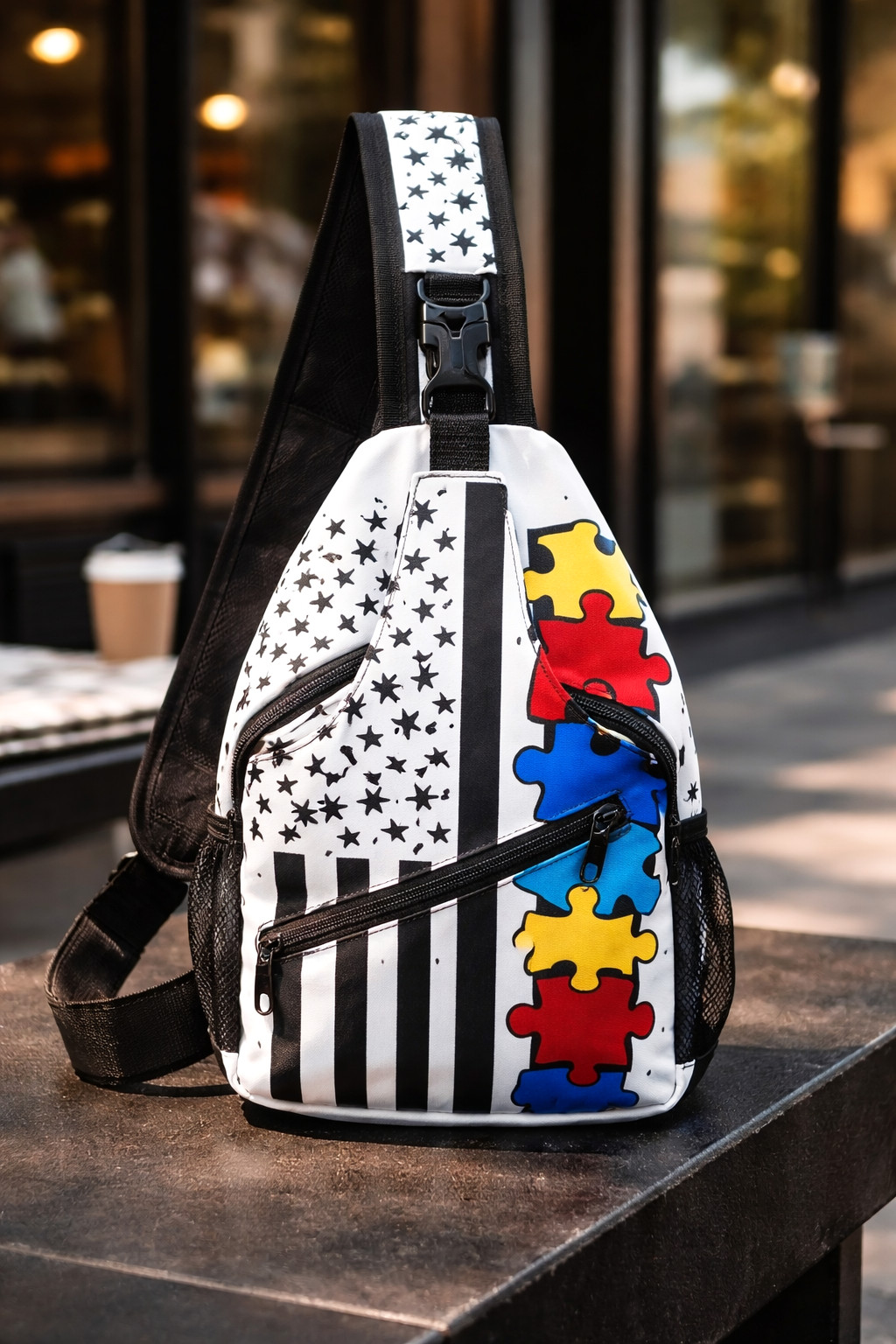 New Autism Awareness Jigsaw Puzzle American Flag Sling Bag