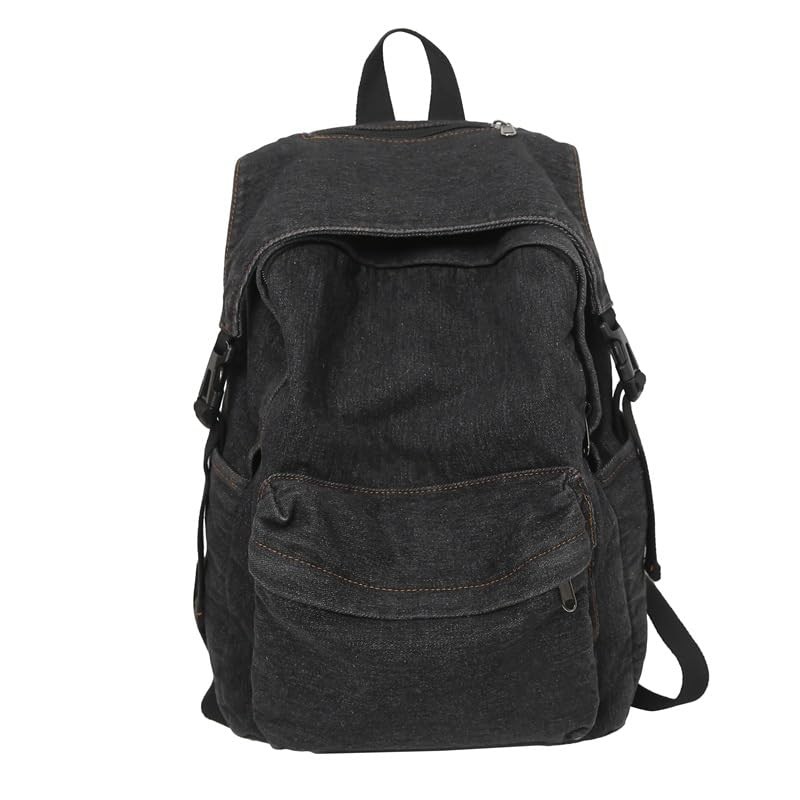 Classic Retro Denim Backpack Y2K Aesthetic Shoulder Bag Lightweight Black
