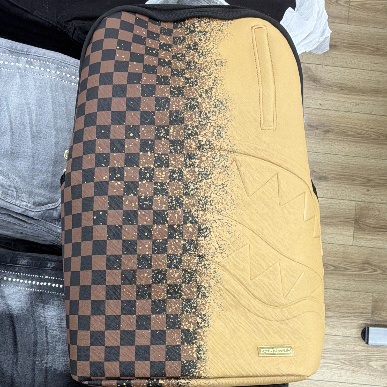 Sprayground Limited Edition Shark Checkered Backpack Zip Beige Brown Black