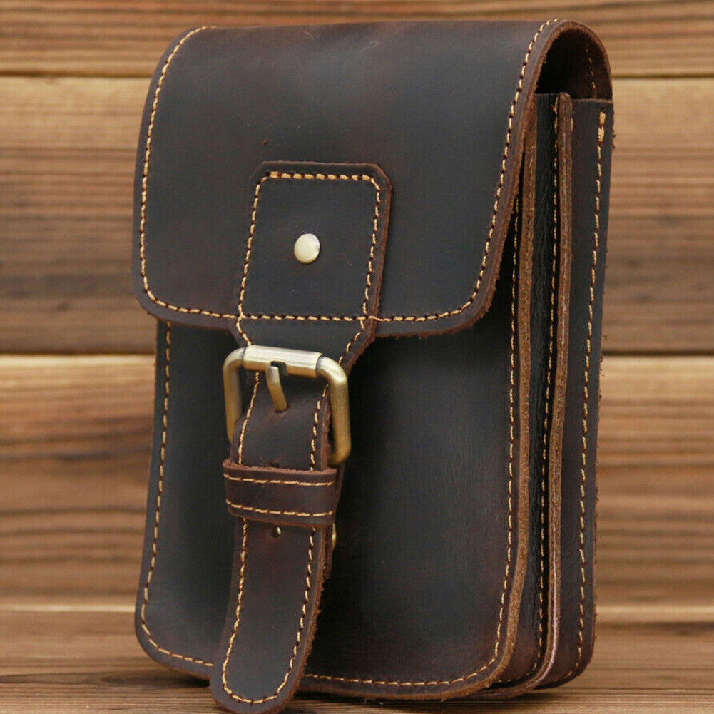 Crazy Horse Leather Men Small Waist Bag Pouch Hook Fanny Waist Belt Pack-