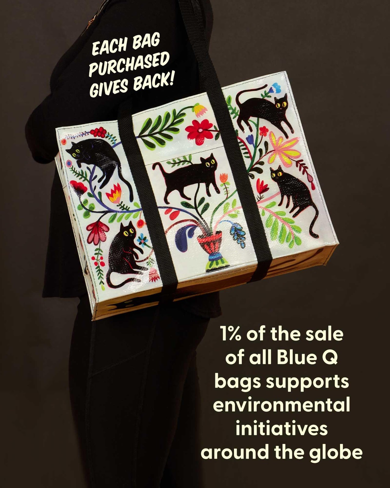 Blue Q Reusable Shoulder Tote Bag – Black Cat – Carry One Size,