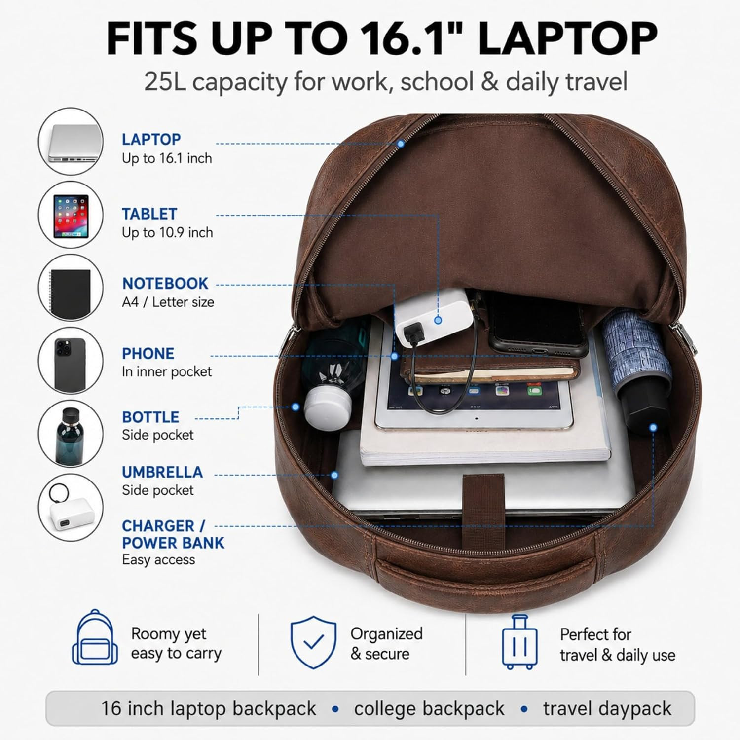 Mens Leather 16.1 Inch Laptop Bag Travel Casual Computer Backpack College Busine