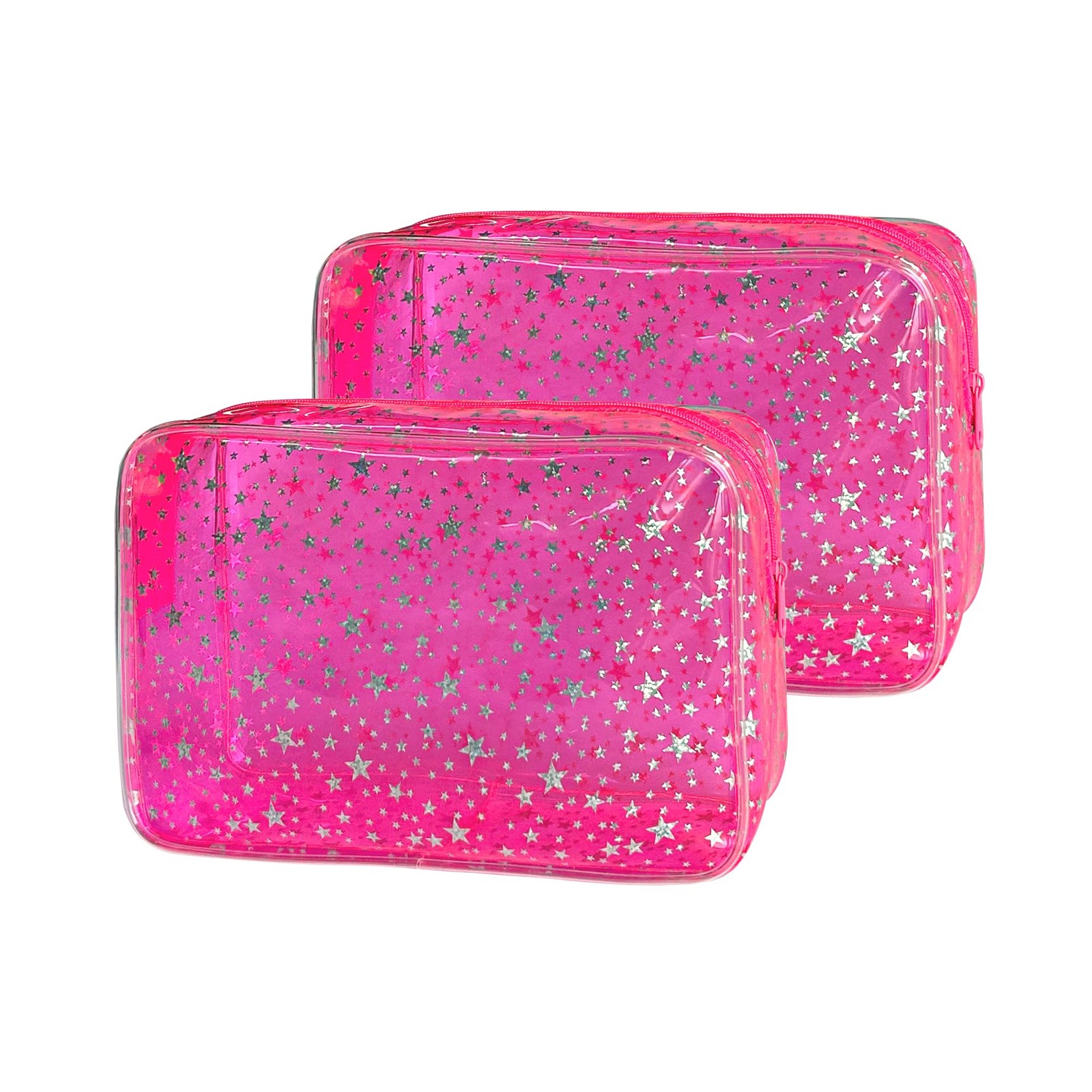 TotePrint 2Set Star Print Clear Makeup Bag, 9 x 6 x 2.7 inches, Pink
