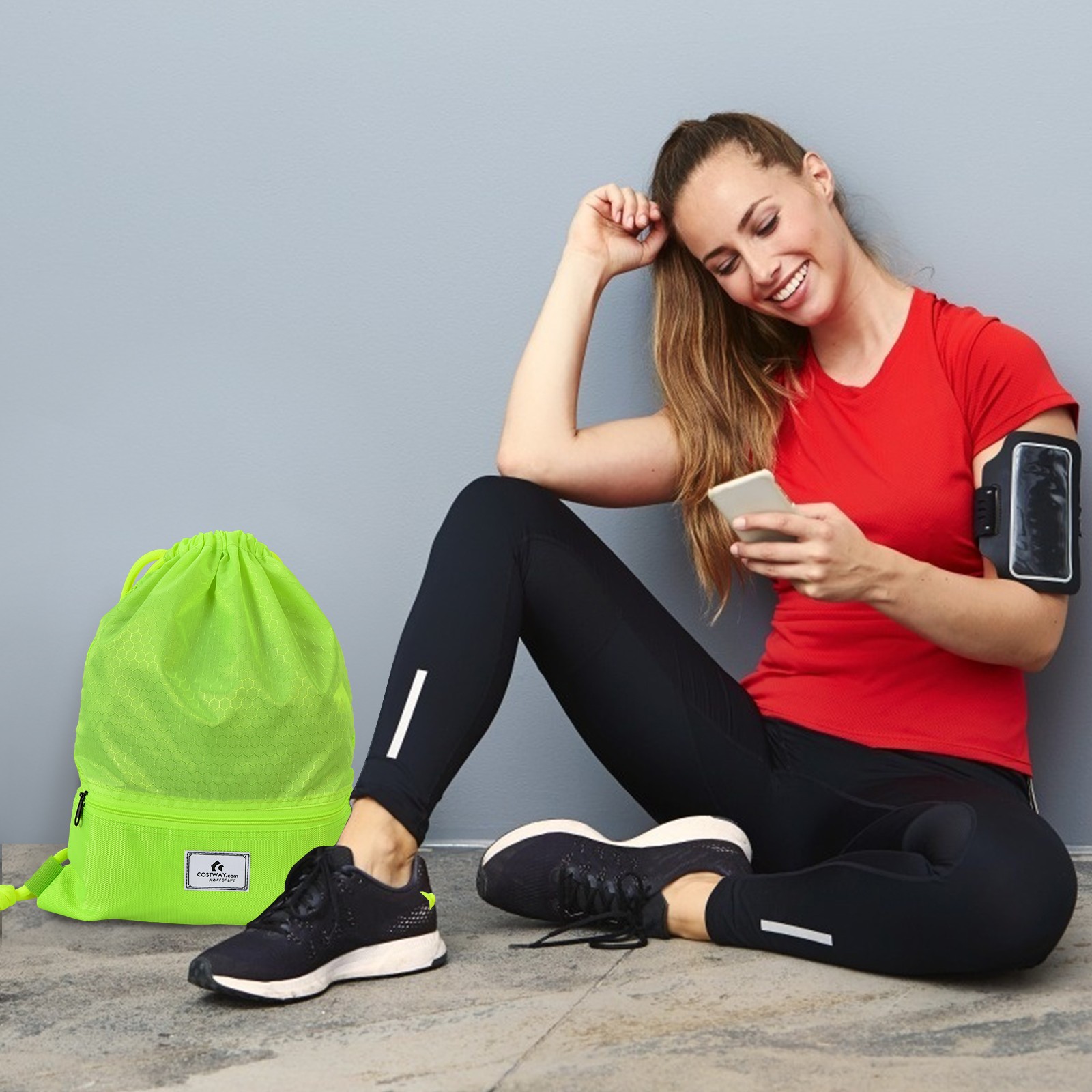 Costway Drawstring Backpack String Bag Folding Sports Sack w/Zipper Pocket Green