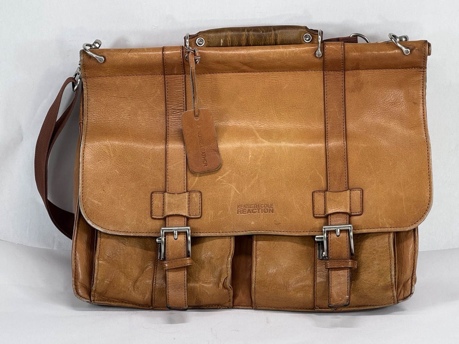 Kenneth Cole Reaction Colombian Leather Messenger Bag Briefcase Portfolio Cognac