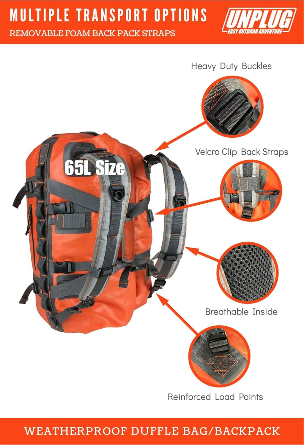 UNPLUG Ultimate Adventure | 1680D Heavy Duty Waterproof Bag | Large Travel Bag W