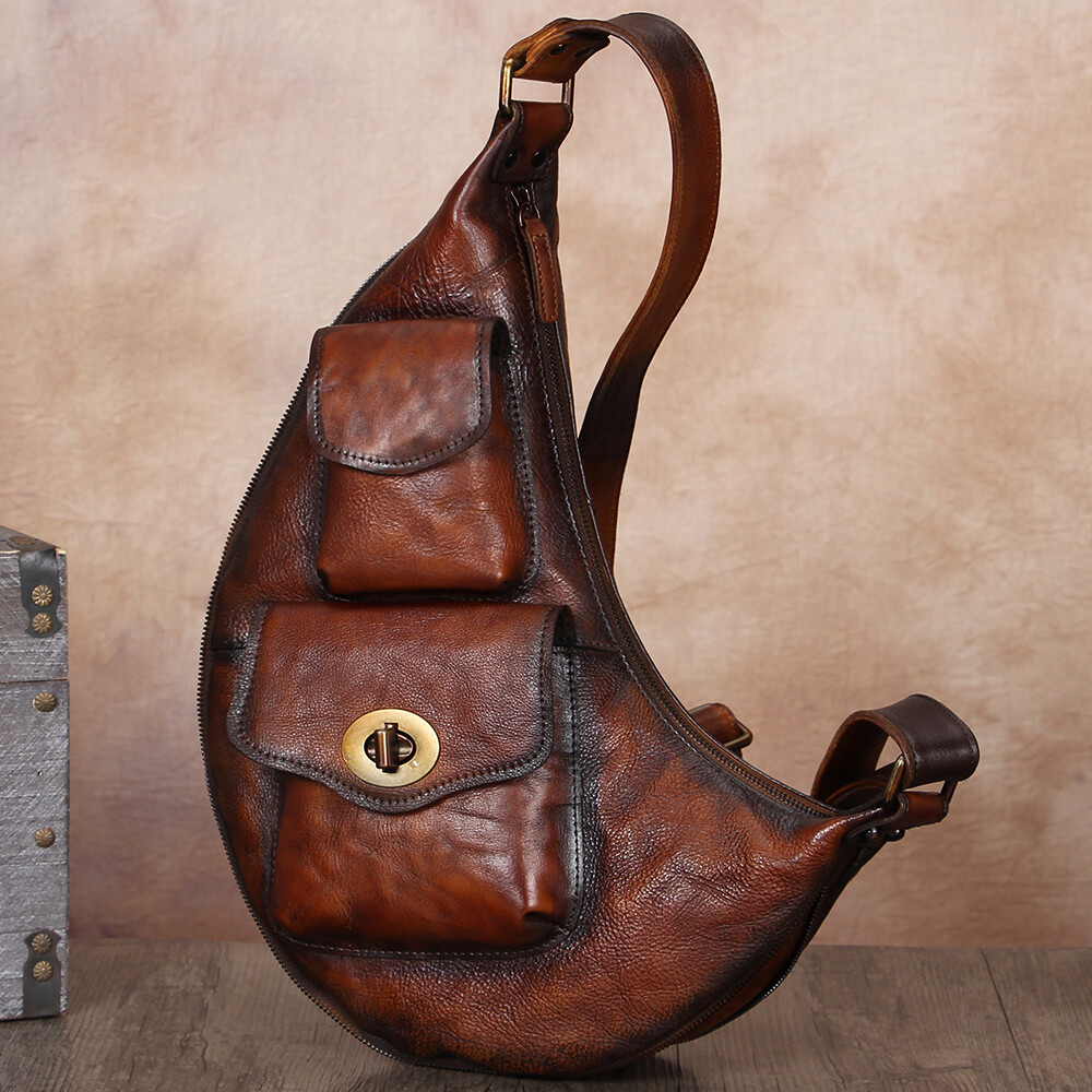 Genuine Leather Large Sling Bag for Men Women Sling Backpack Purse Crossbody Bag