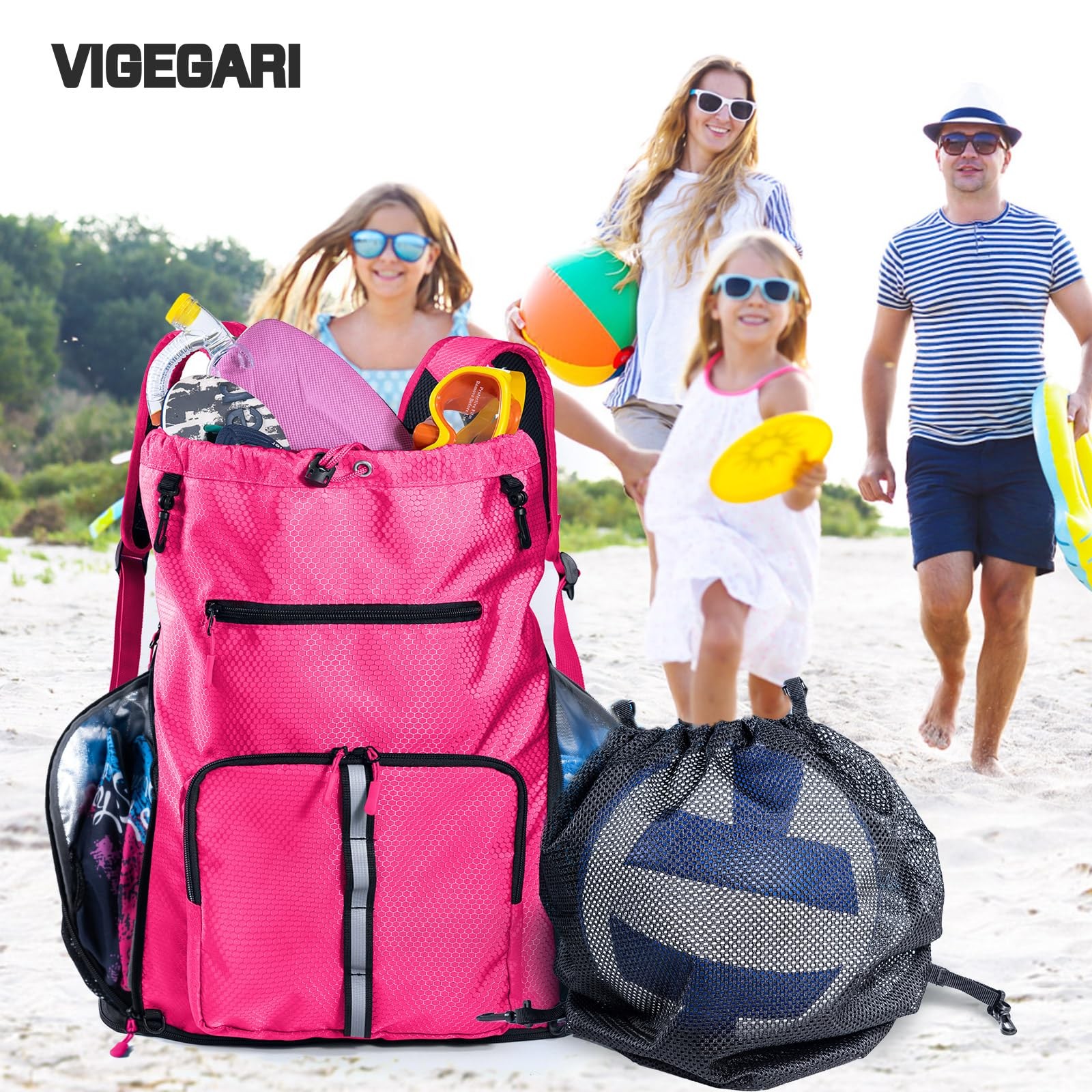 Large Beach Backpack Waterproof Sandproof Drawstring Pool Bag Shoe Compartment