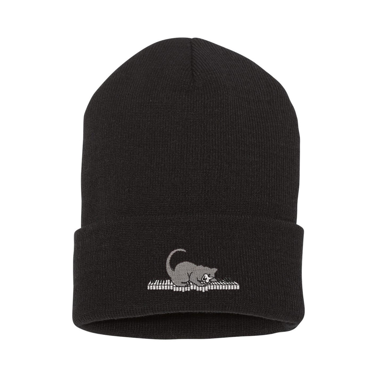 Cat playing on piano keys embroidered beanie hat, custom embroidered beanie hat