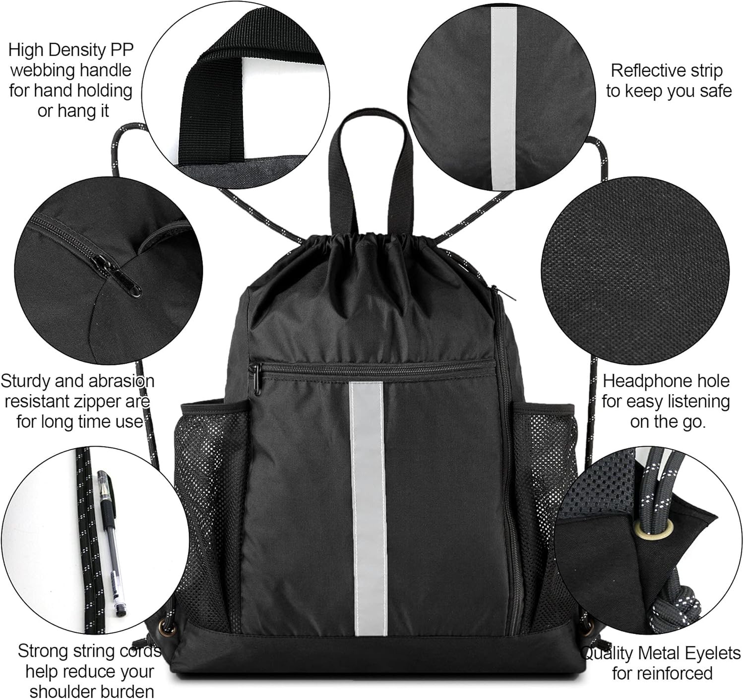 Drawstring Backpack Bag Sports Gym Backpack with Shoe Compartment and Two Water