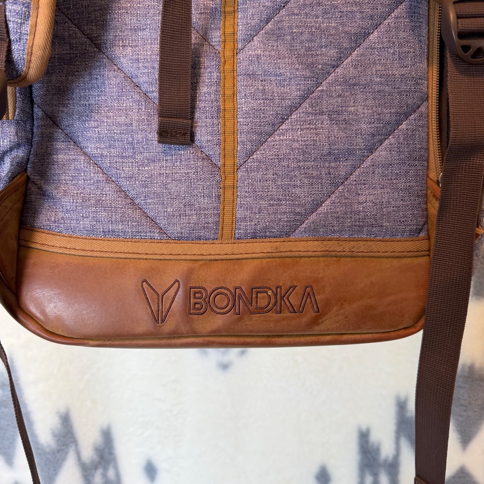 Bondka Jigsaw Backpack Heather Blue Canvas Tan Leather Daypack