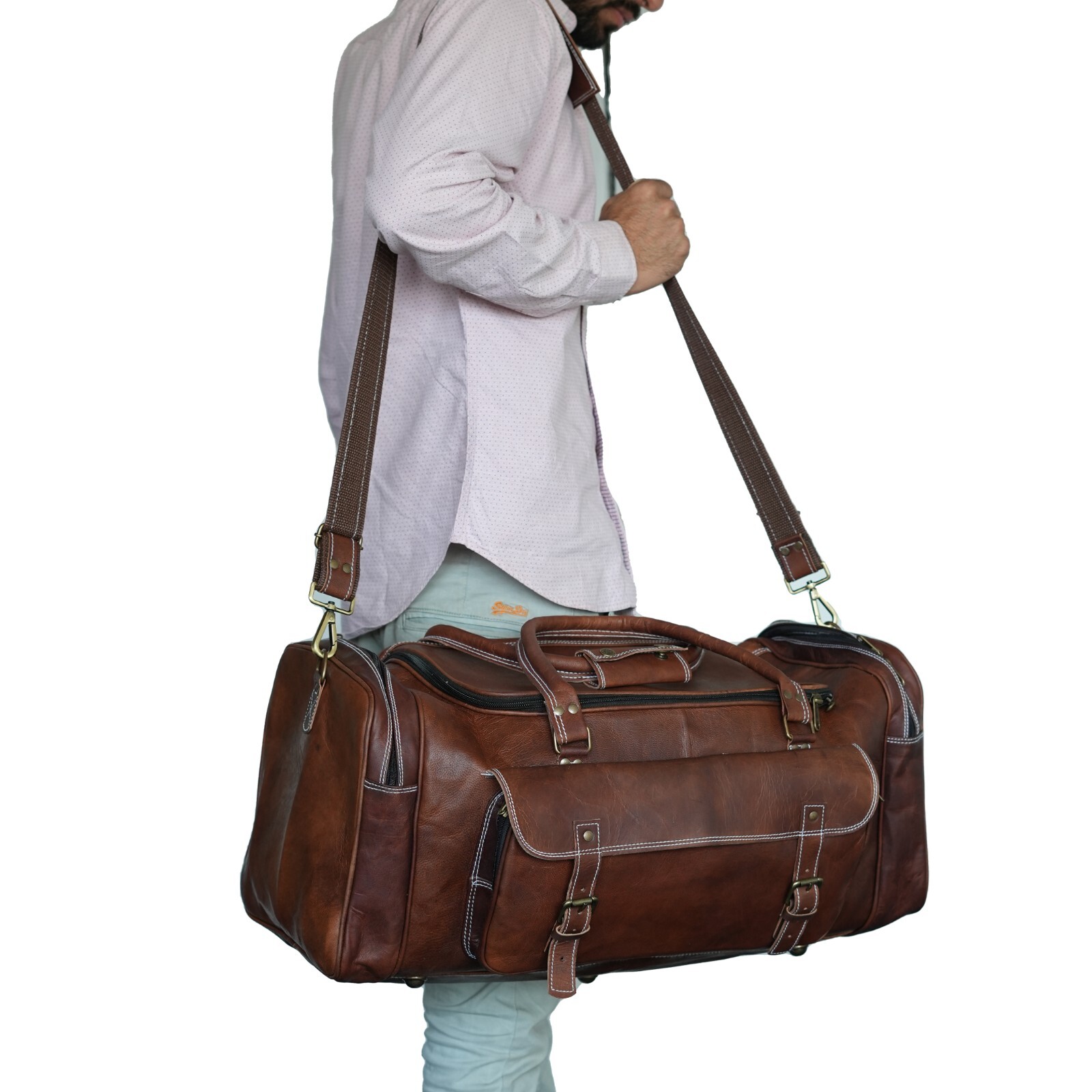 Mens Vintage Genuine Leather Duffle Bag Overnight Weekender Retro Luggage Unisex