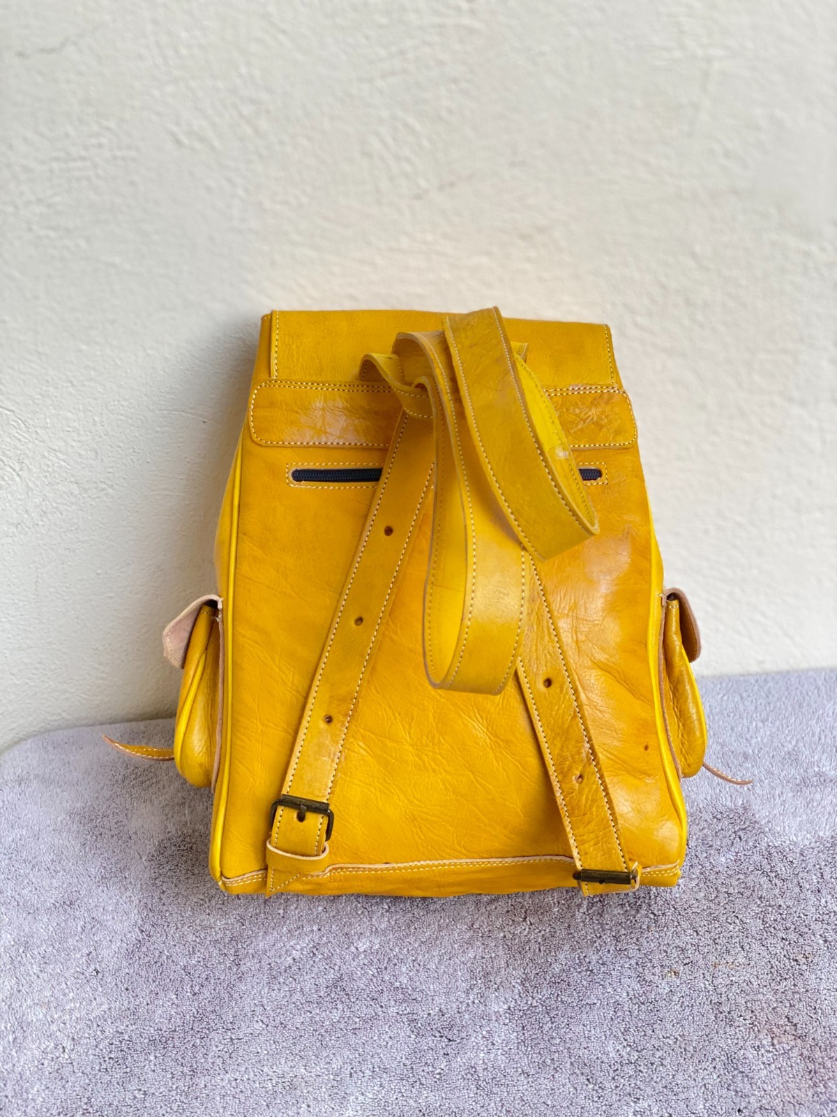 Yellow Leather Backpack Handmade Morocco Belt Buckle Front Back Pocket